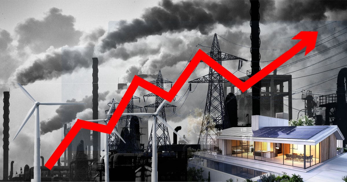 A collage showing smokestacks emitting pollution, modern wind turbines, and power lines, with a red arrow symbolizing rising energy costs and a bright, energy-efficient home in the corner.