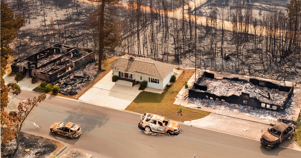 Fire-resistant home survives wildfire while neighboring houses and forest are destroyed.