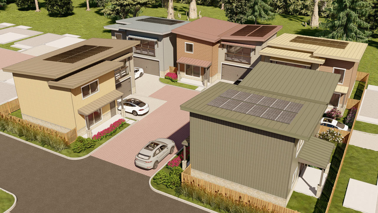 Architectural drawing of energy-efficient townhouses with solar panels, illustrating sustainable design and passive solar features.