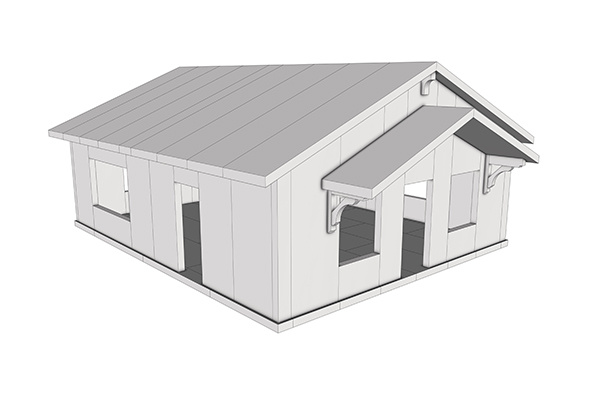 Architectural rendering of a Simplus Systems home with MgO panels fully assembled into wall and roof structure Architectural rendering of a Simplus Systems home with MgO panels fully assembled into wall and roof structure