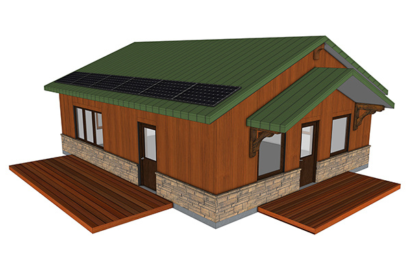 Completed architectural rendering of a Simplus Systems home with exterior cladding, solar panels, and finished roofline Completed architectural rendering of a Simplus Systems home with exterior cladding, solar panels, and finished roofline